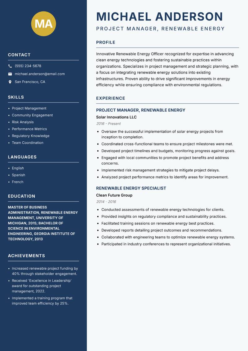 Renewable Energy Officer resume sample — Project Manager, Renewable Energy focus