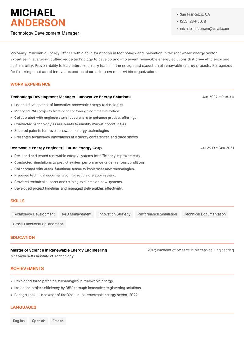 Renewable Energy Officer resume sample — Technology Development Manager focus