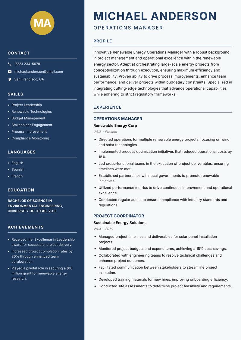 Renewable Energy Operations Manager resume sample — Operations Manager focus