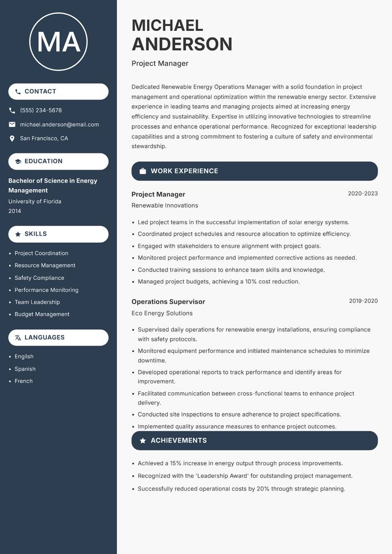 Renewable Energy Operations Manager resume sample — Project Manager focus