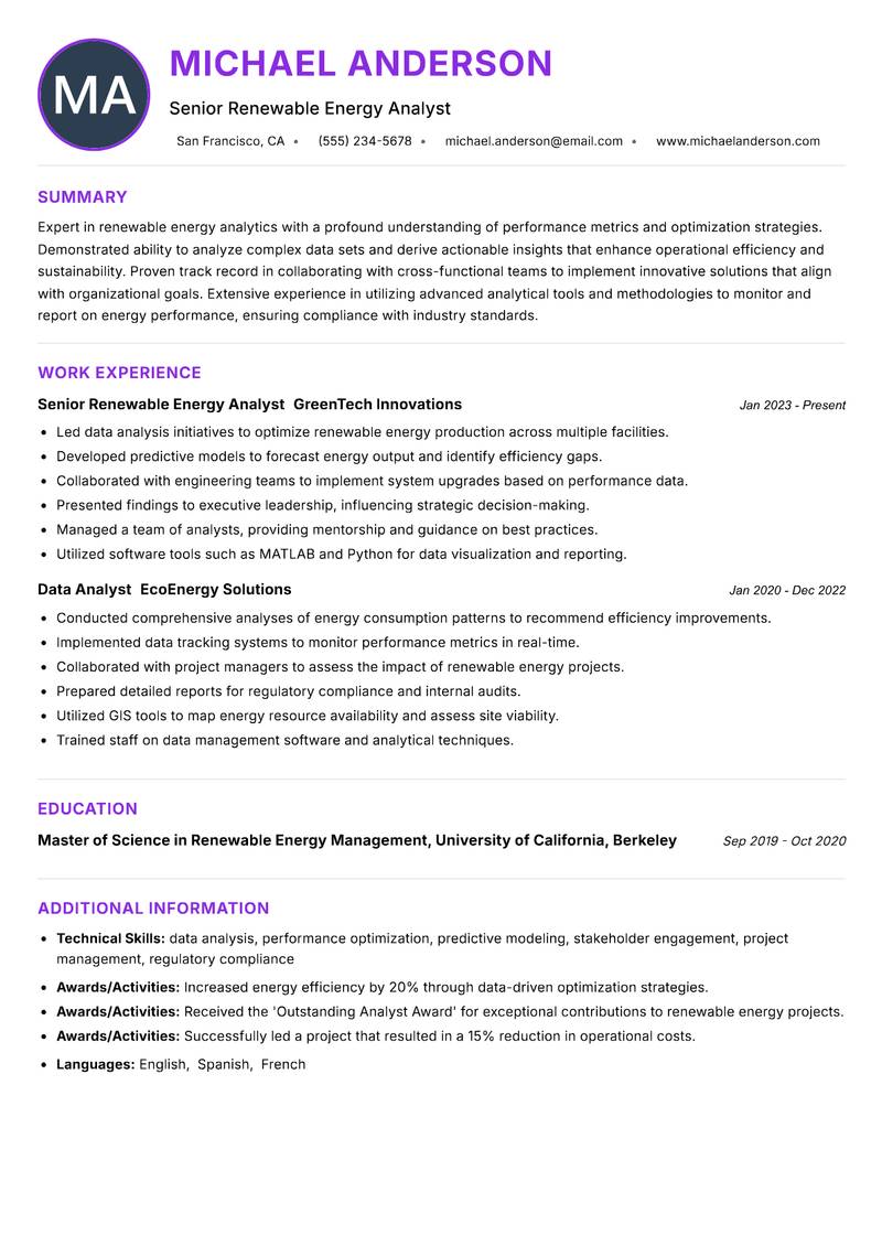 Renewable Energy Performance Analyst resume example