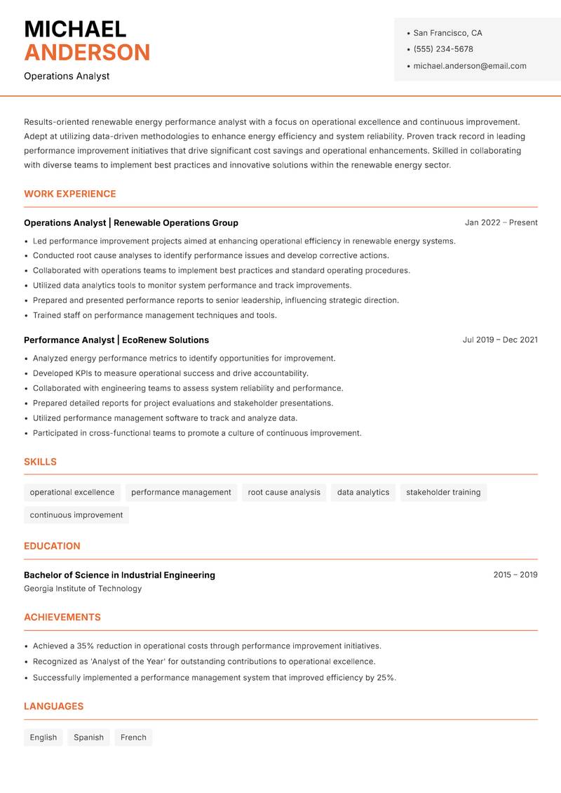 Renewable Energy Performance Analyst resume sample — Operations Analyst focus