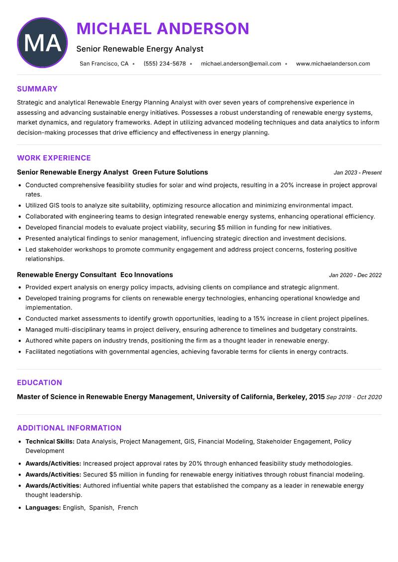 Renewable Energy Planning Analyst resume example