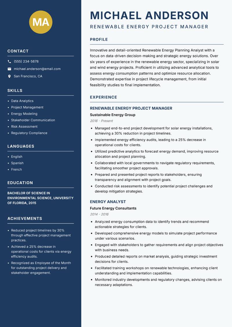 Renewable Energy Planning Analyst resume sample — Renewable Energy Project Manager focus