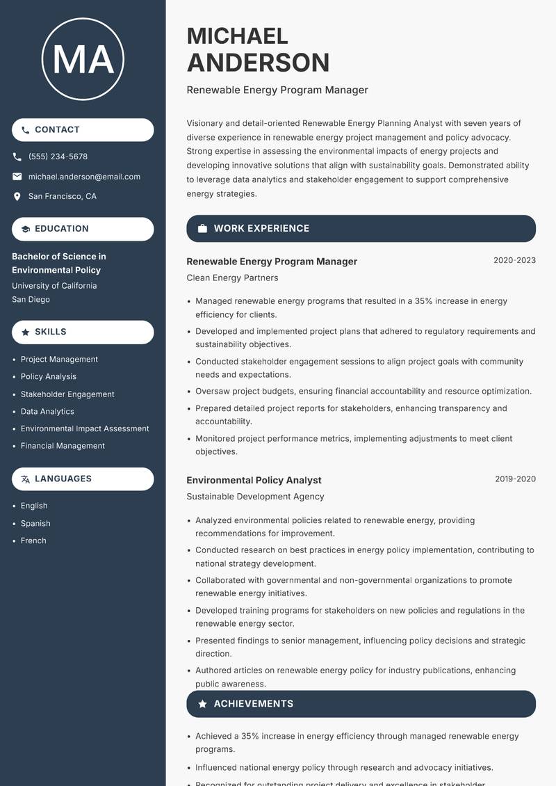Renewable Energy Planning Analyst resume sample — Renewable Energy Program Manager focus