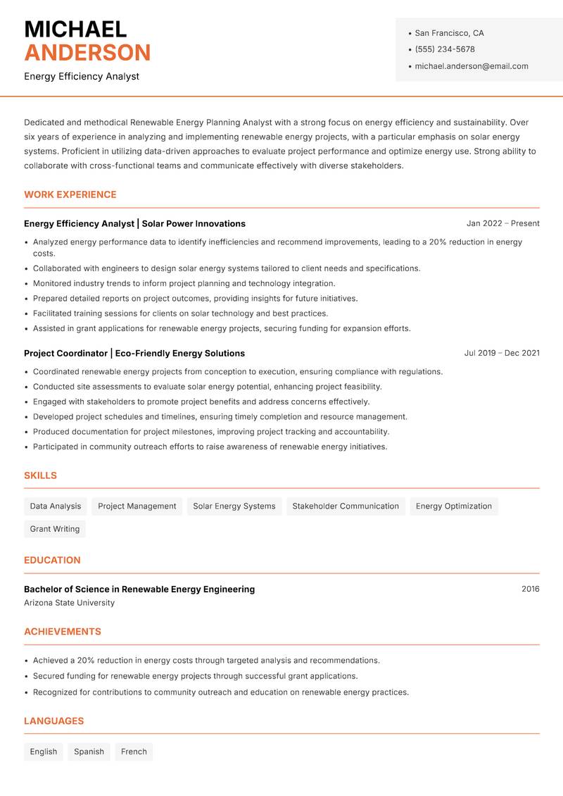 Renewable Energy Planning Analyst resume sample — Energy Efficiency Analyst focus