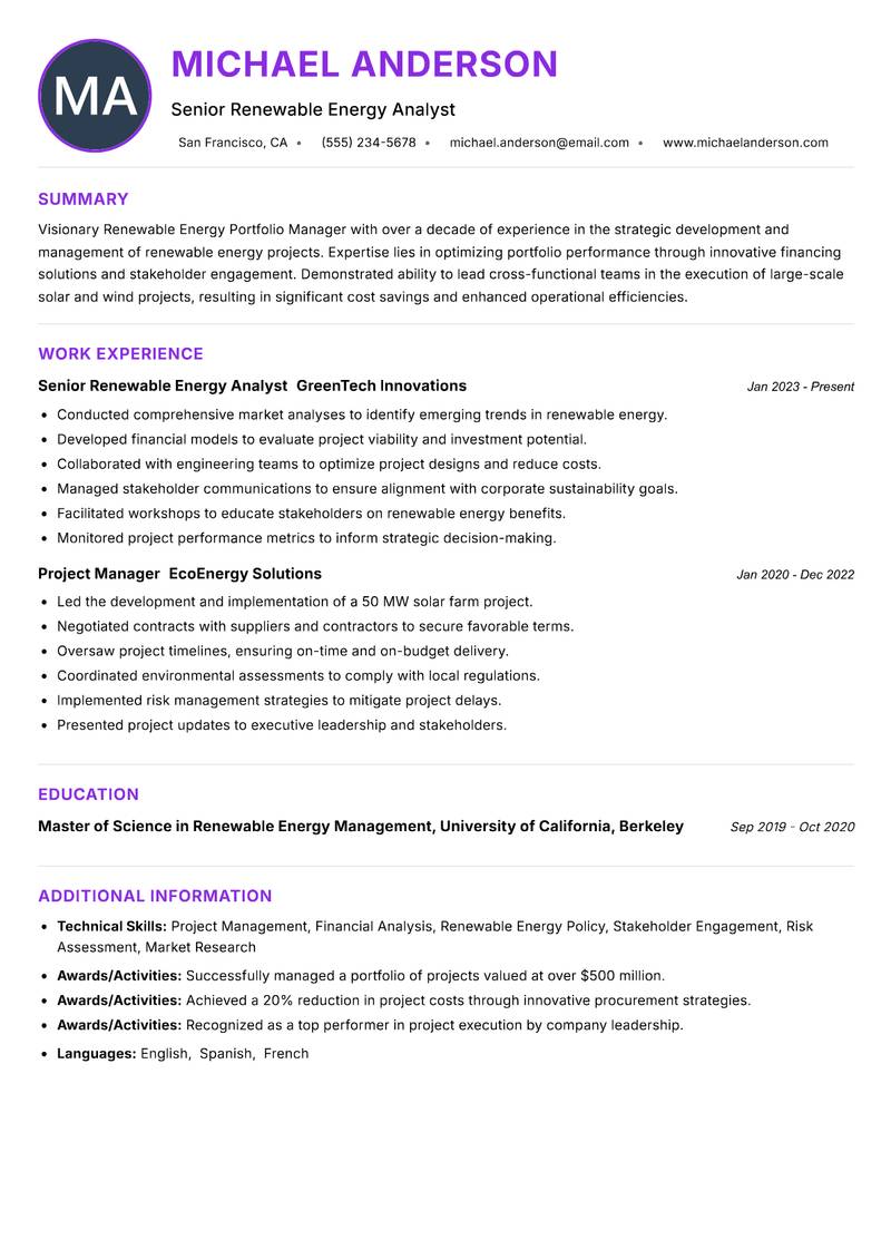 Renewable Energy Portfolio Manager resume example