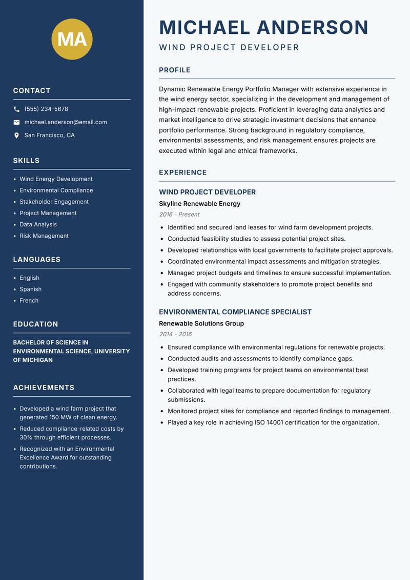 Renewable Energy Portfolio Manager resume sample — Wind Project Developer focus