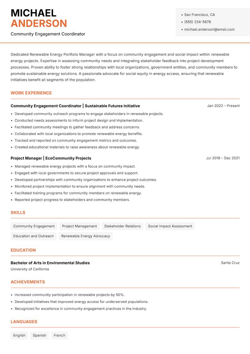 Renewable Energy Portfolio Manager resume sample — Community Engagement Coordinator focus