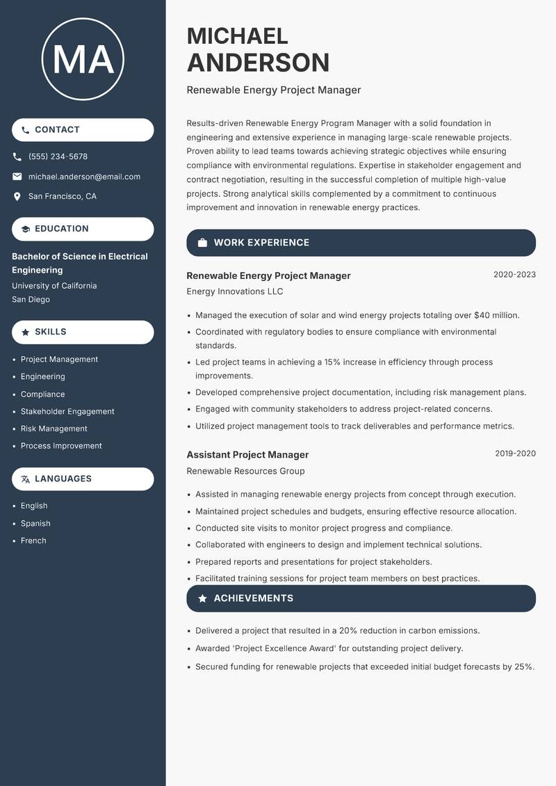 Renewable Energy Program Manager resume sample — Renewable Energy Project Manager focus