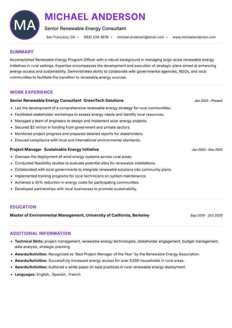 Renewable Energy Program Officer Rural resume example