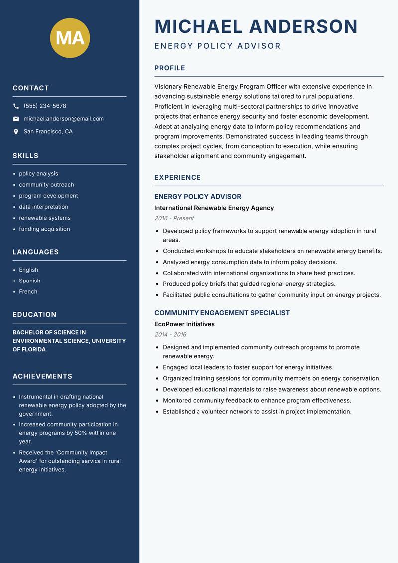 Renewable Energy Program Officer Rural resume sample — Energy Policy Advisor focus