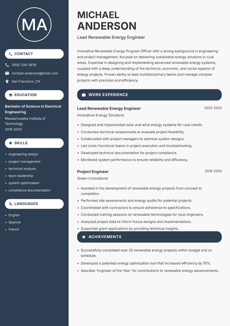 Renewable Energy Program Officer Rural resume sample — Lead Renewable Energy Engineer focus