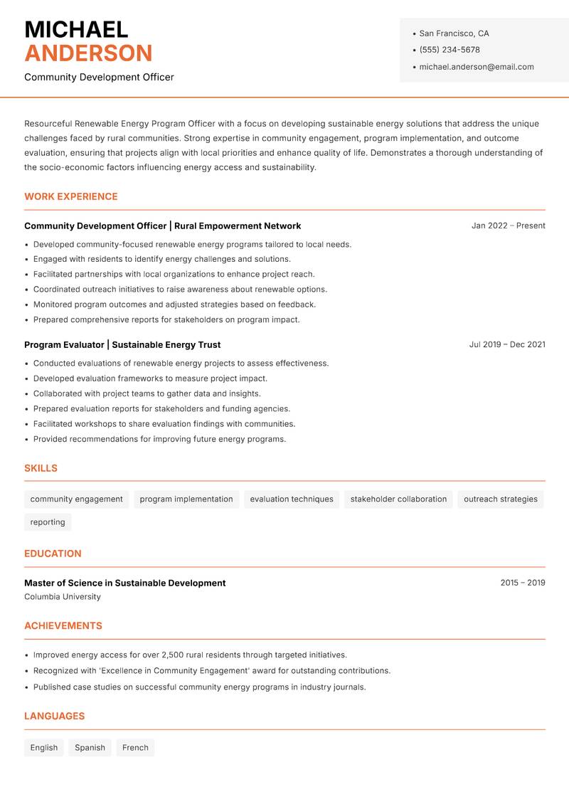 Renewable Energy Program Officer Rural resume sample — Community Development Officer focus