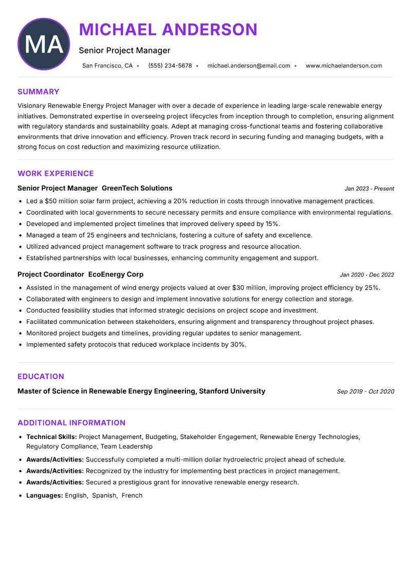 Renewable Energy Project Manager resume example