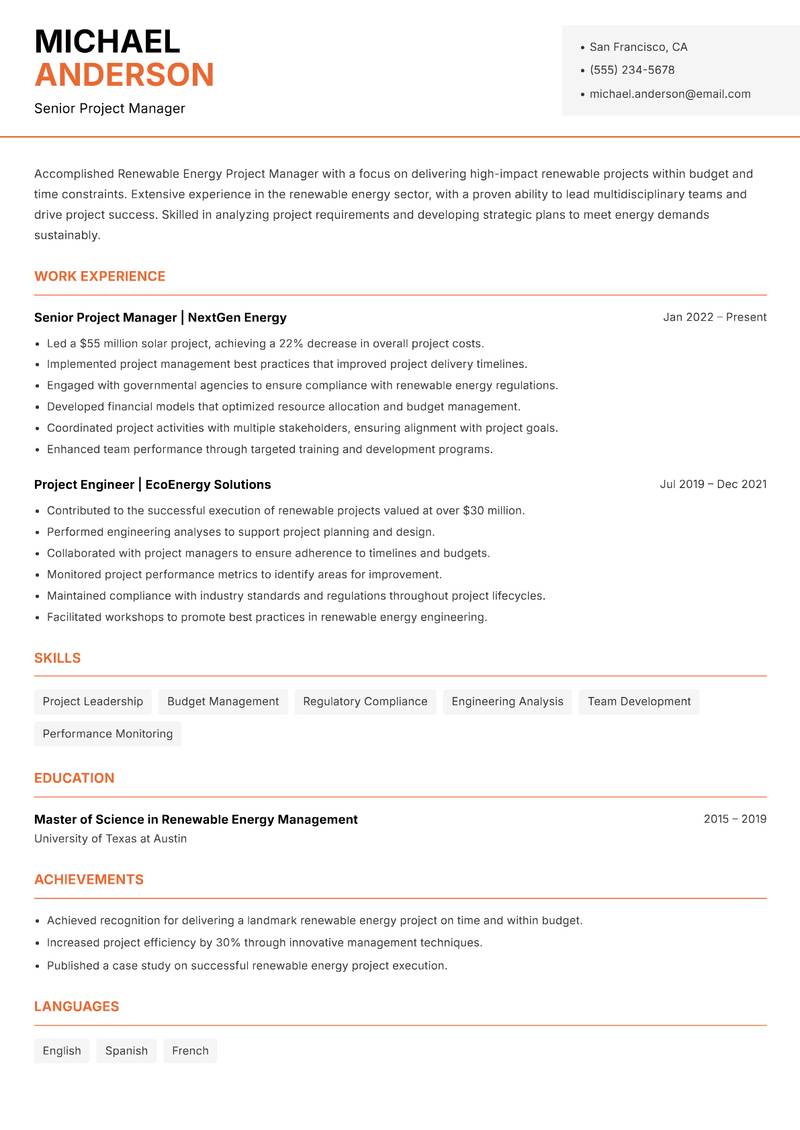 Renewable Energy Project Manager resume sample — Senior Project Manager focus