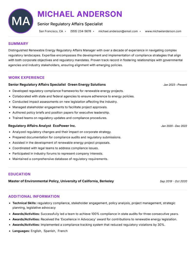 Renewable Energy Regulatory Affairs Manager resume example
