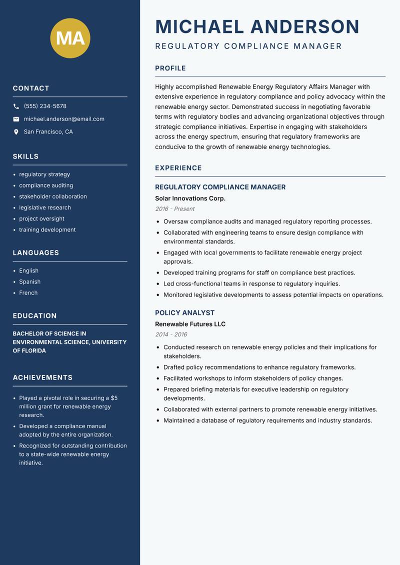 Renewable Energy Regulatory Affairs Manager resume sample — Regulatory Compliance Manager focus