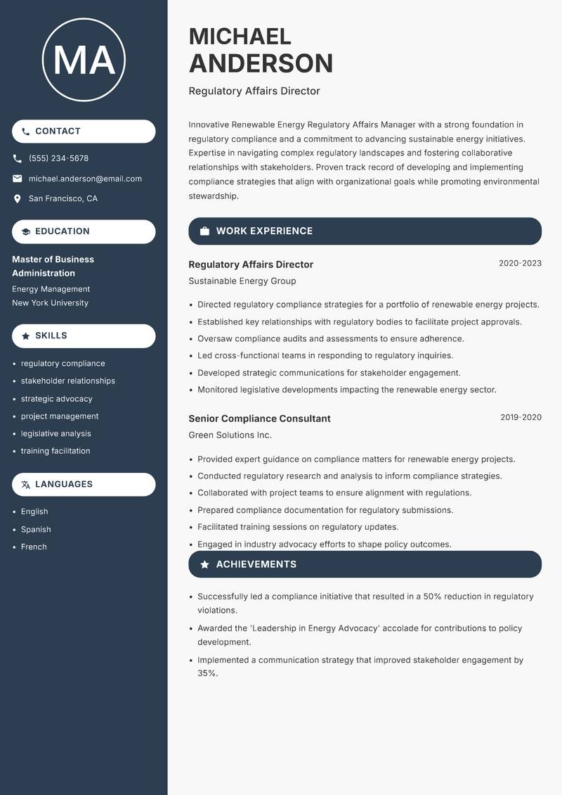 Renewable Energy Regulatory Affairs Manager resume sample — Regulatory Affairs Director focus