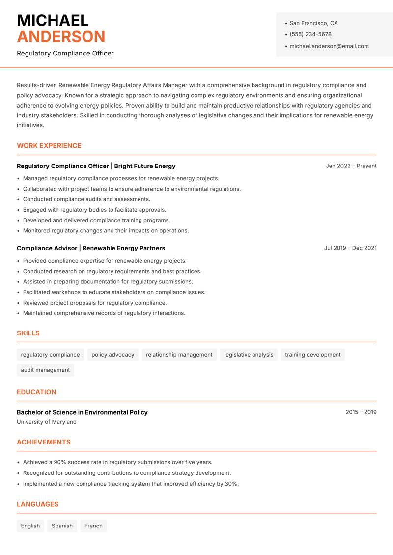 Renewable Energy Regulatory Affairs Manager resume sample — Regulatory Compliance Officer focus