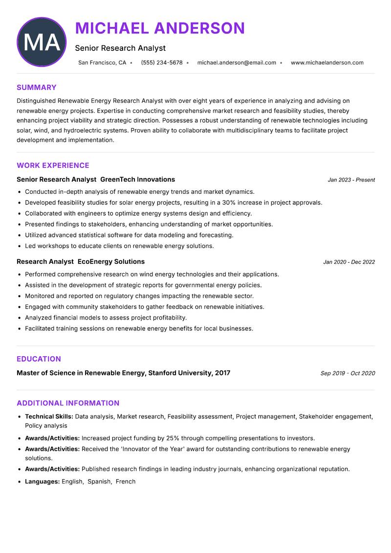 Renewable Energy Research Analyst resume example