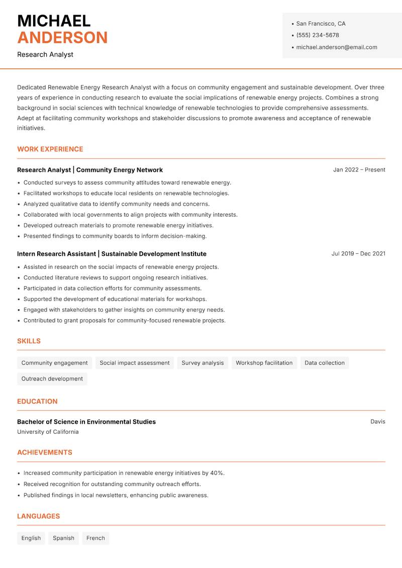 Renewable Energy Research Analyst resume sample — Research Analyst focus