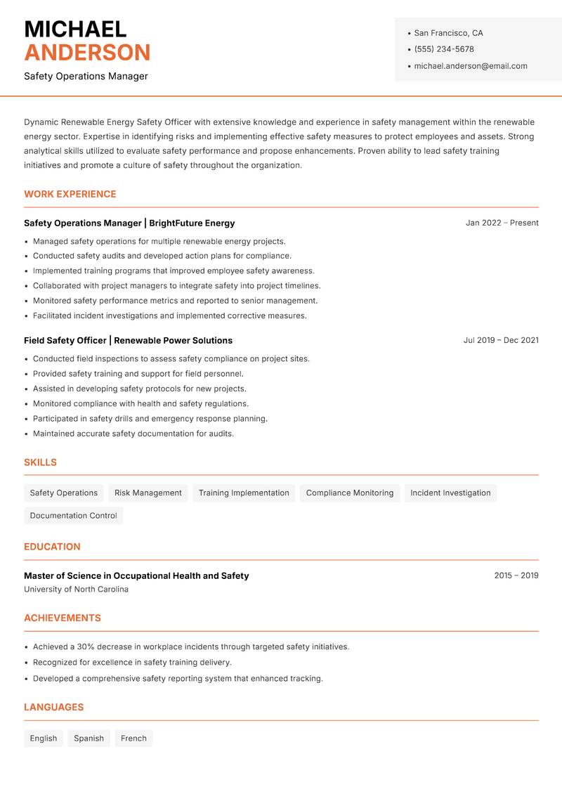 Renewable Energy Safety Officer resume sample — Safety Operations Manager focus