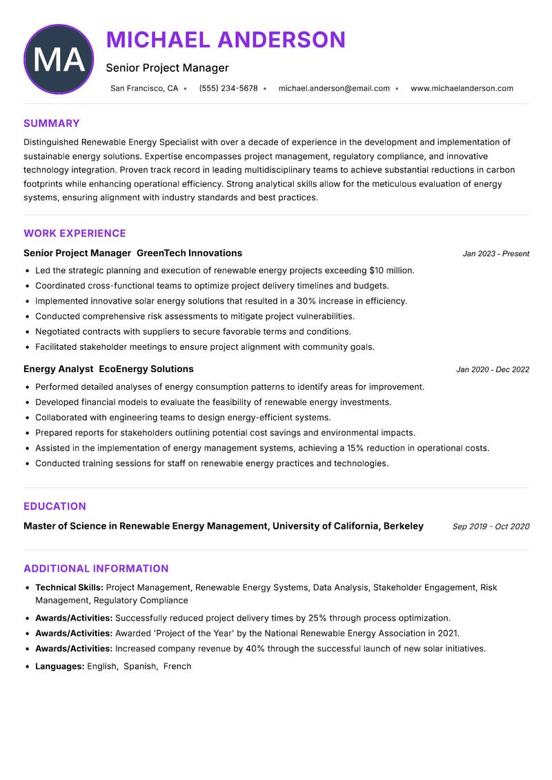 Renewable Energy Specialist resume example