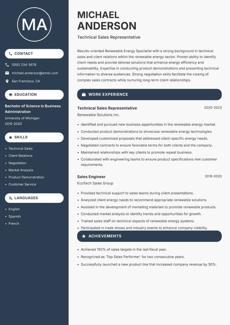 Renewable Energy Specialist resume sample — Technical Sales Representative focus