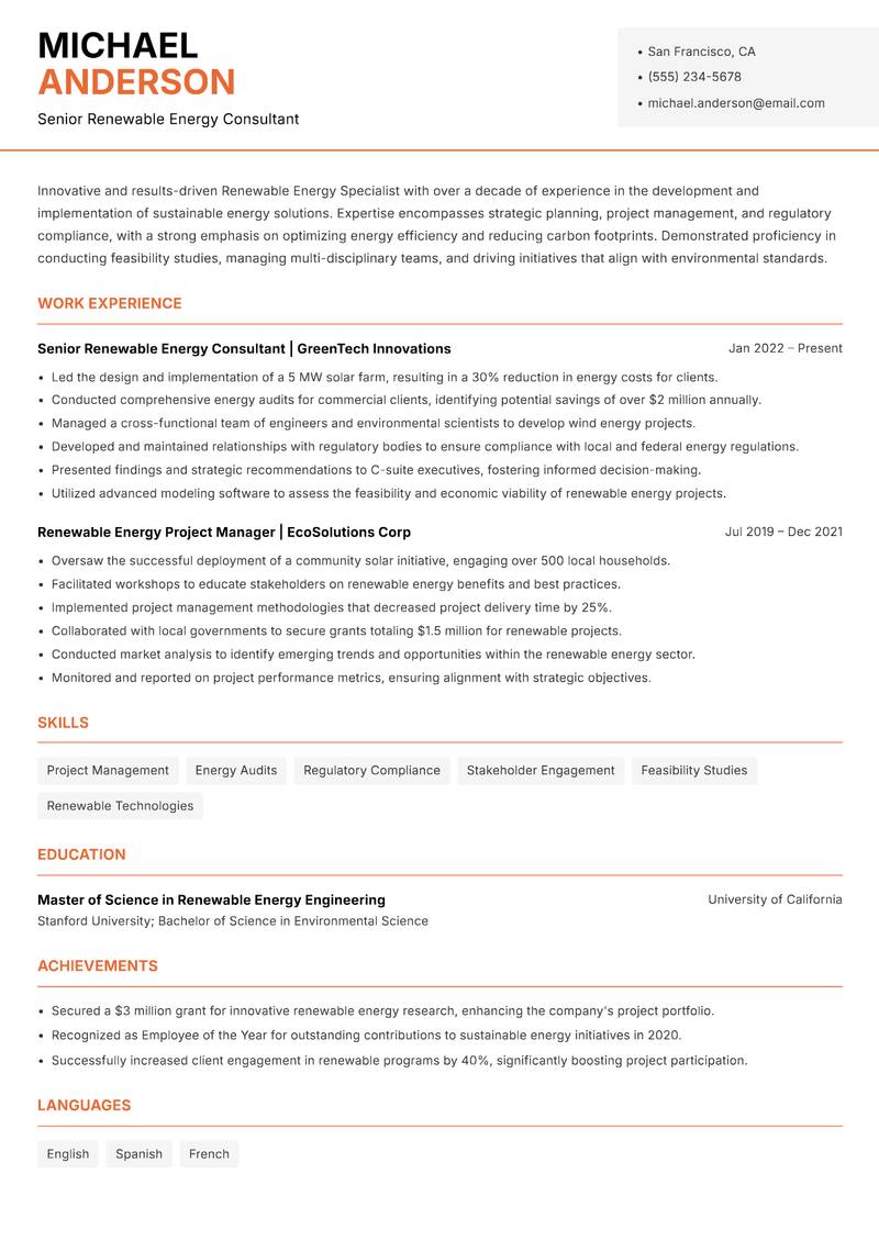 Renewable Energy Specialist resume sample — Senior Renewable Energy Consultant focus