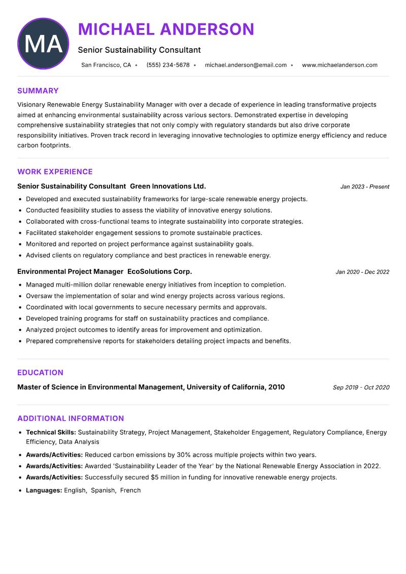Renewable Energy Sustainability Manager resume example