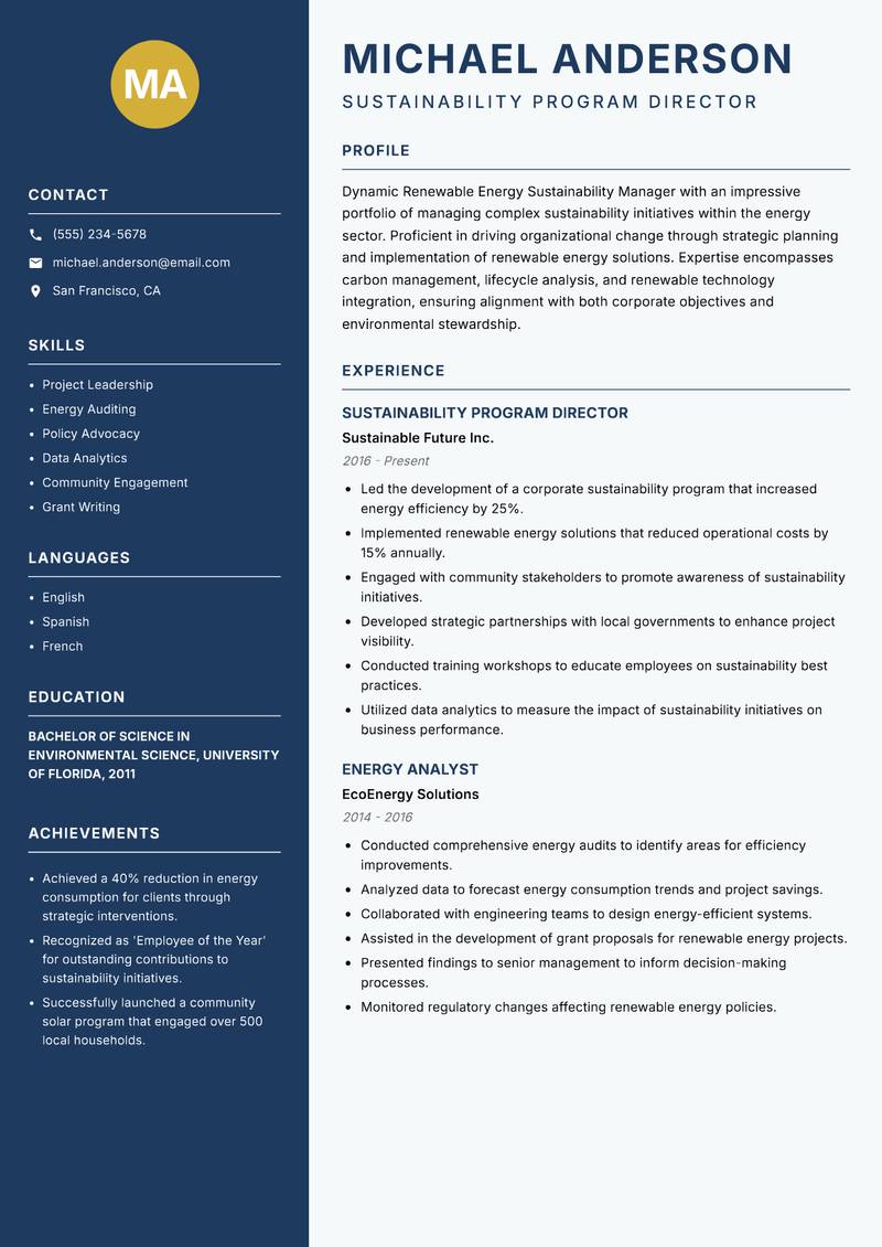 Renewable Energy Sustainability Manager resume sample — Sustainability Program Director focus