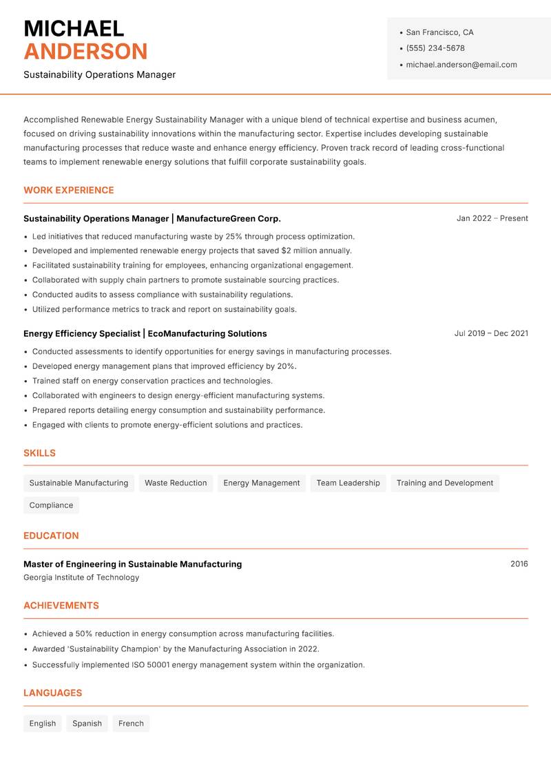 Renewable Energy Sustainability Manager resume sample — Sustainability Operations Manager focus
