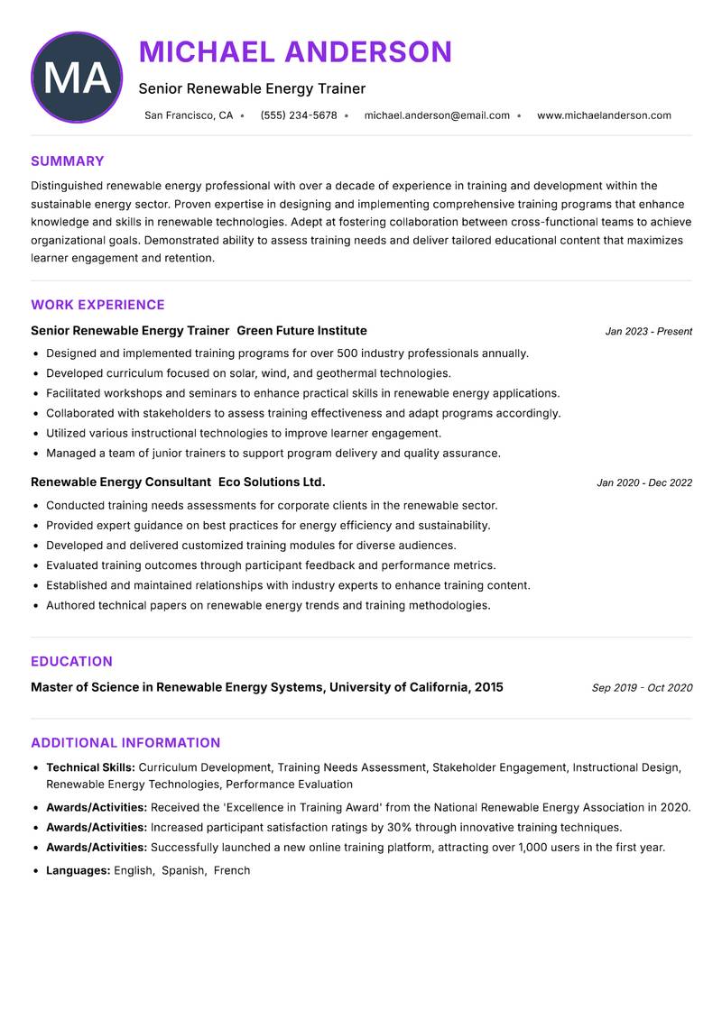 Renewable Energy Trainer resume example