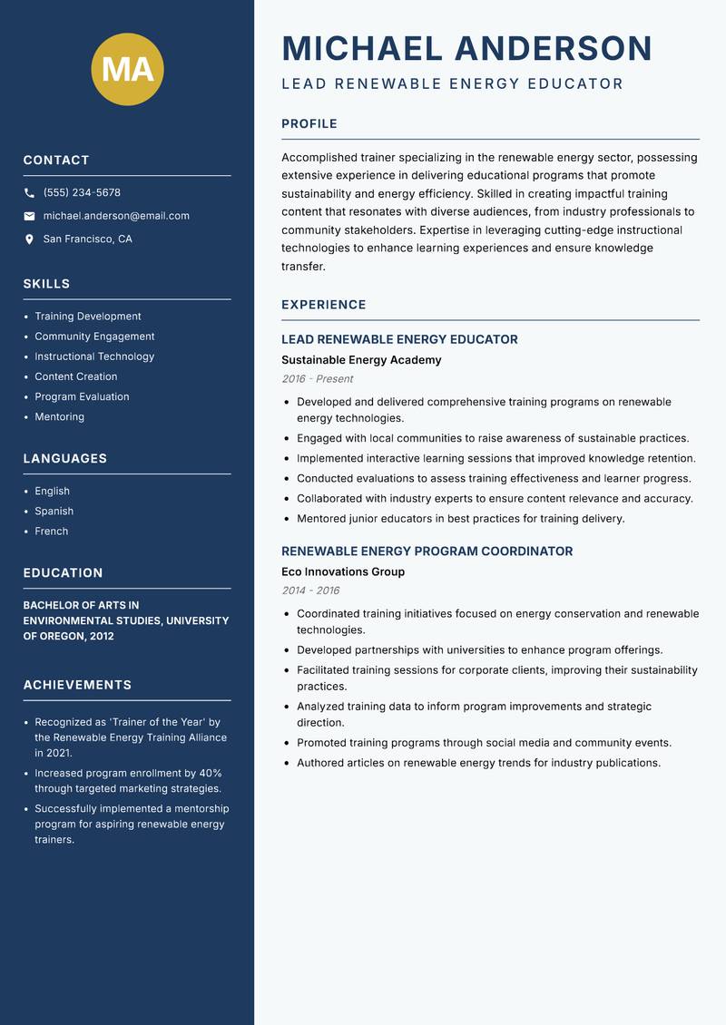 Renewable Energy Trainer resume sample — Lead Renewable Energy Educator focus