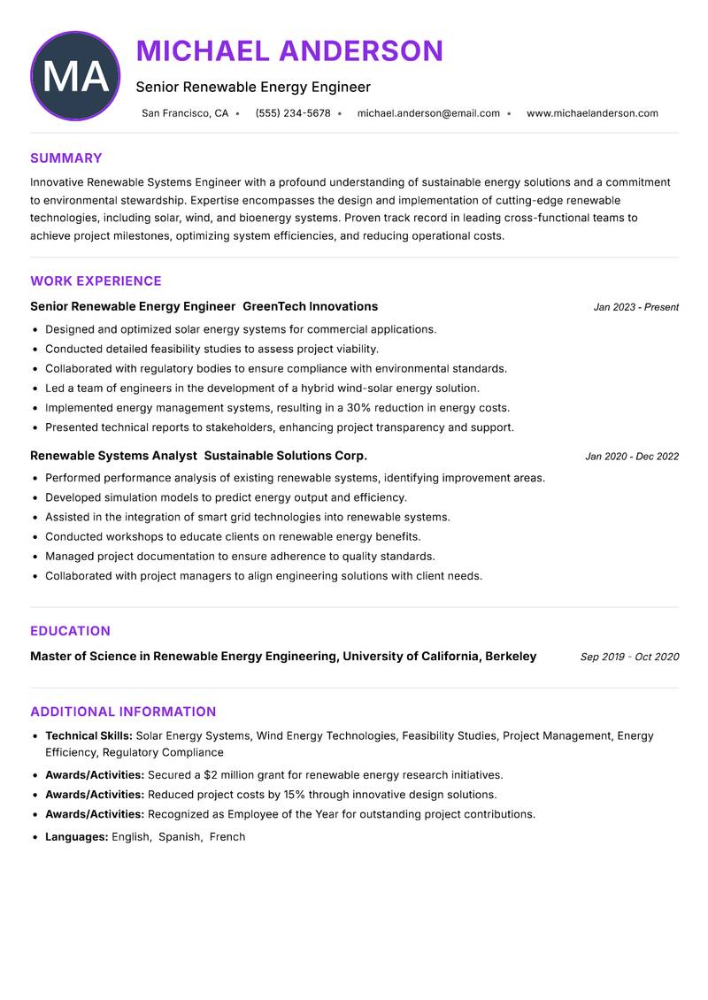 Renewable Systems Engineer resume example