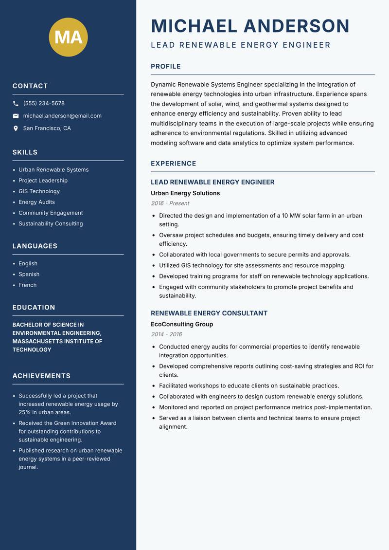 Renewable Systems Engineer resume sample — Lead Renewable Energy Engineer focus