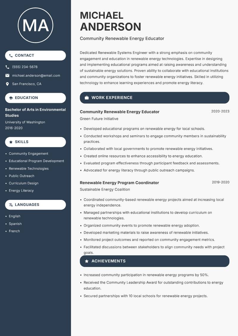 Renewable Systems Engineer resume sample — Community Renewable Energy Educator focus