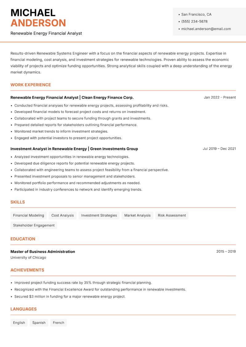Renewable Systems Engineer resume sample — Renewable Energy Financial Analyst focus