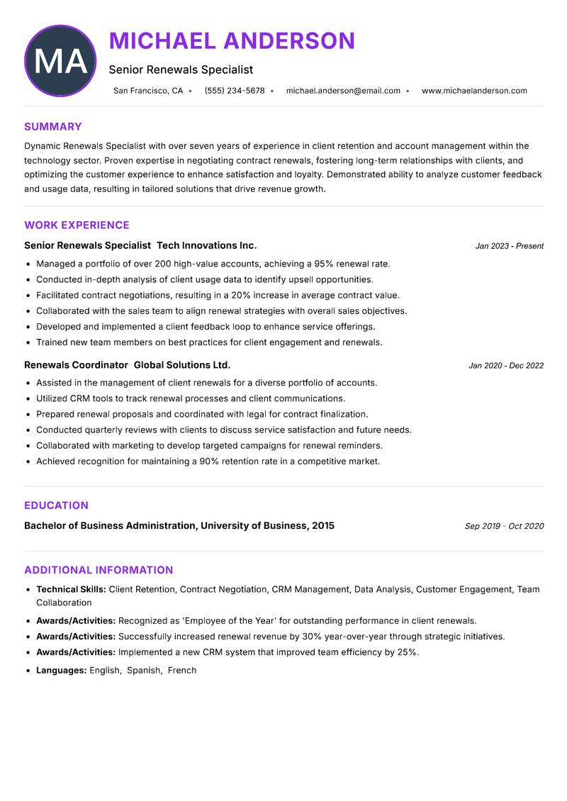 Renewals Specialist resume example
