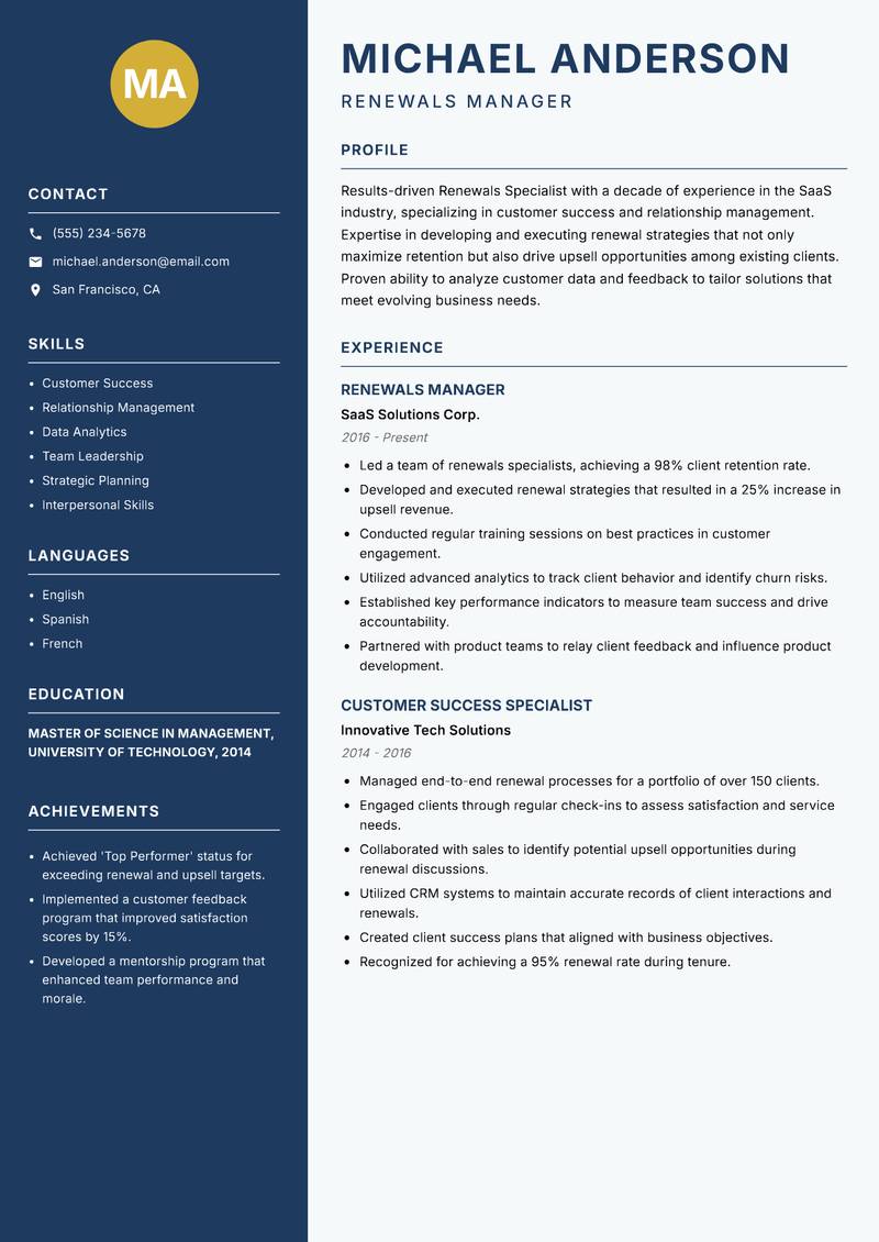 Renewals Specialist resume sample — Renewals Manager focus