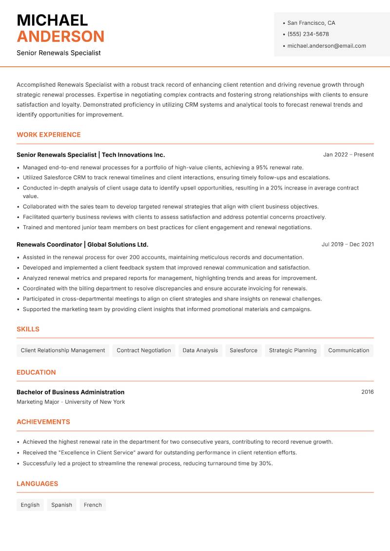 Renewals Specialist resume sample — Senior Renewals Specialist focus