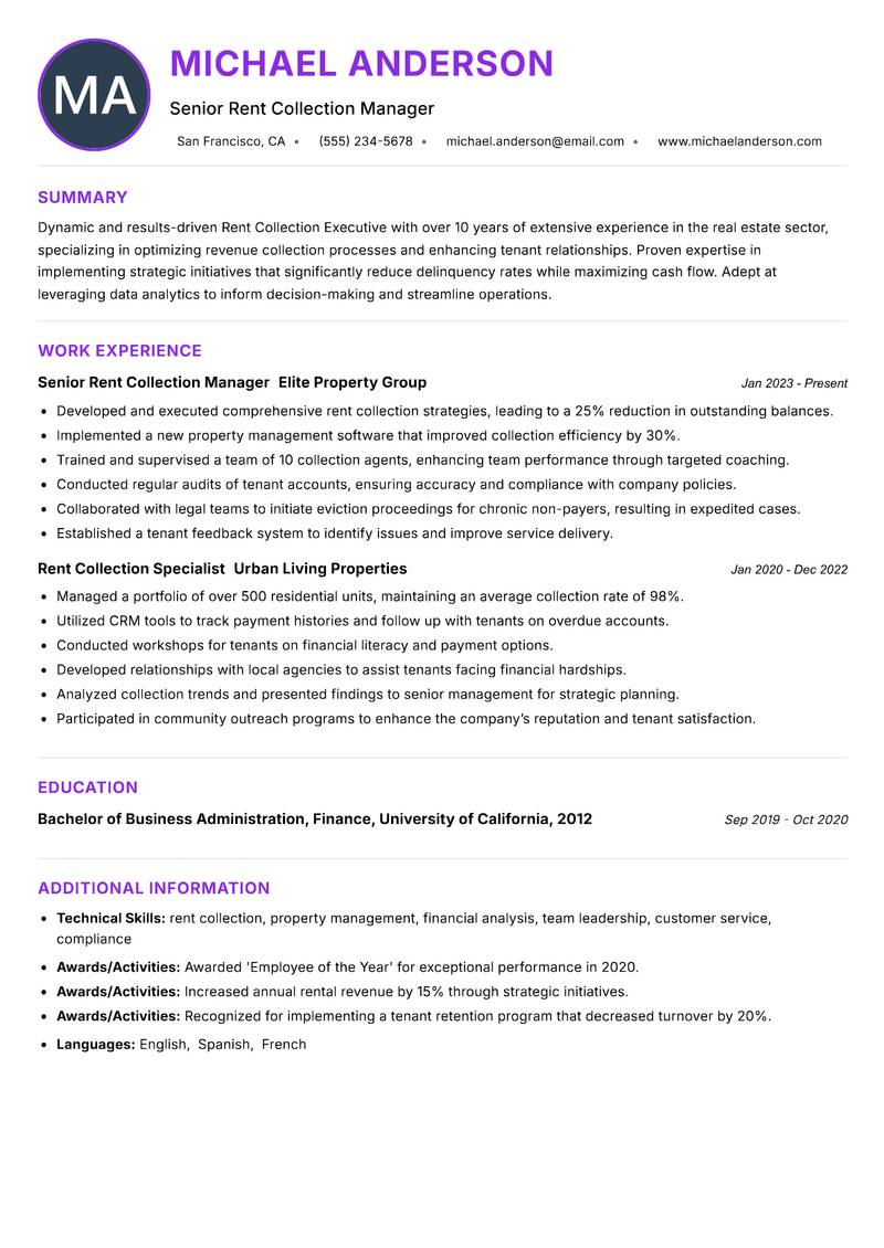Rent Collection Executive resume example
