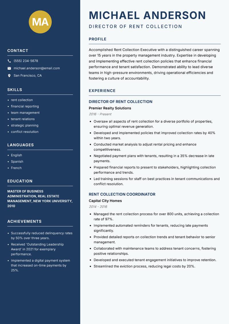 Rent Collection Executive resume sample — Director of Rent Collection focus