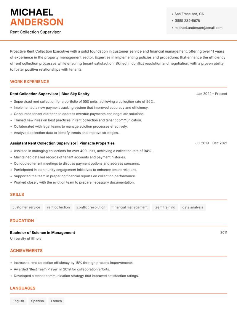 Rent Collection Executive resume sample — Rent Collection Supervisor focus