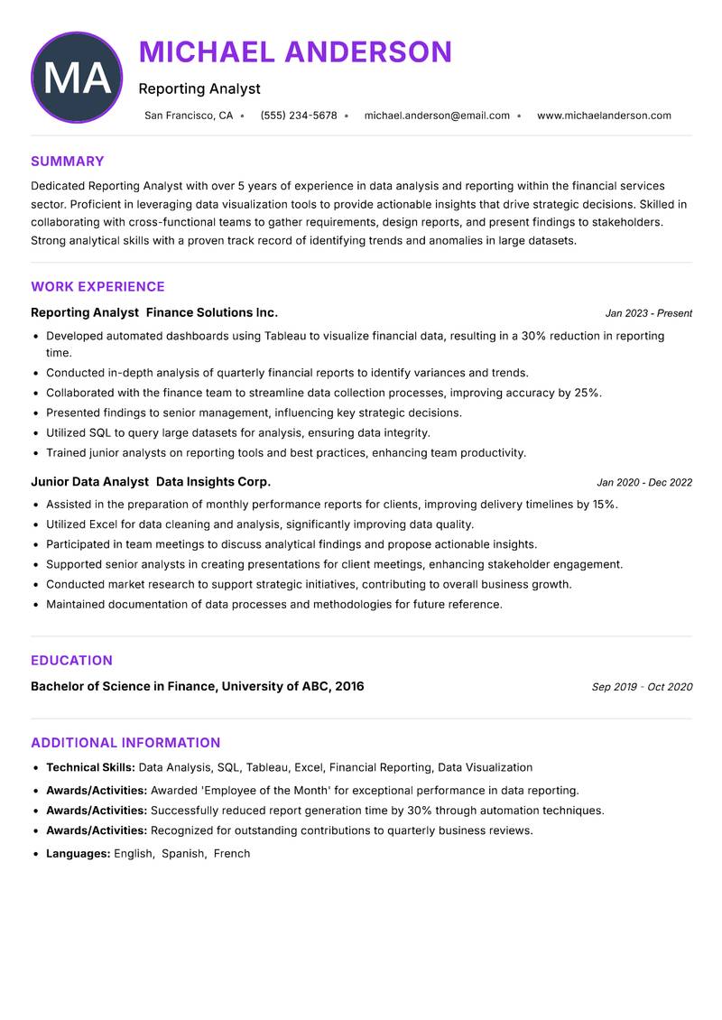Reporting Analyst resume example