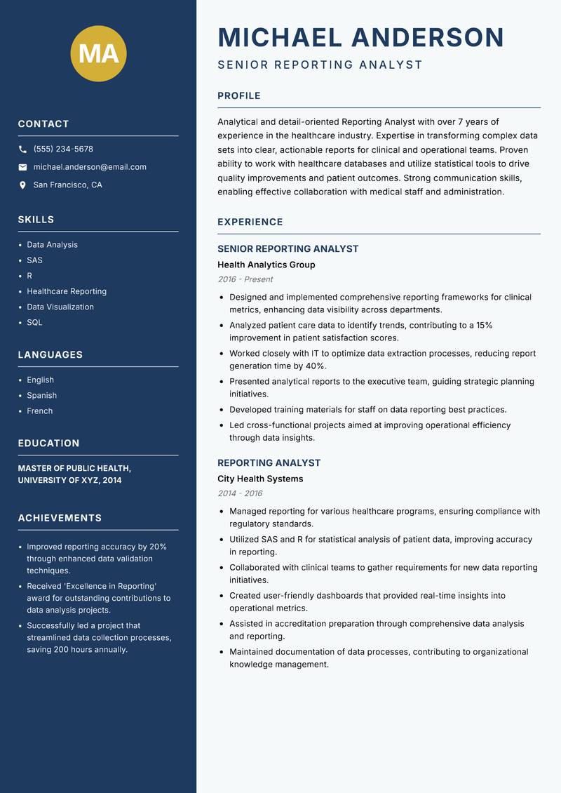Reporting Analyst resume sample — Senior Reporting Analyst focus