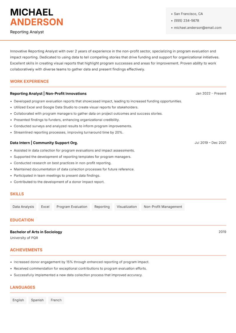 Reporting Analyst resume sample — Reporting Analyst focus