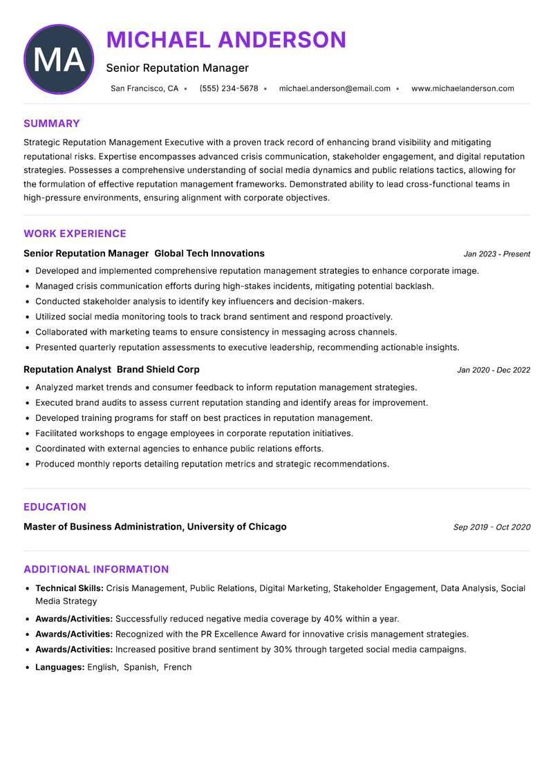 Reputation Management Executive resume example