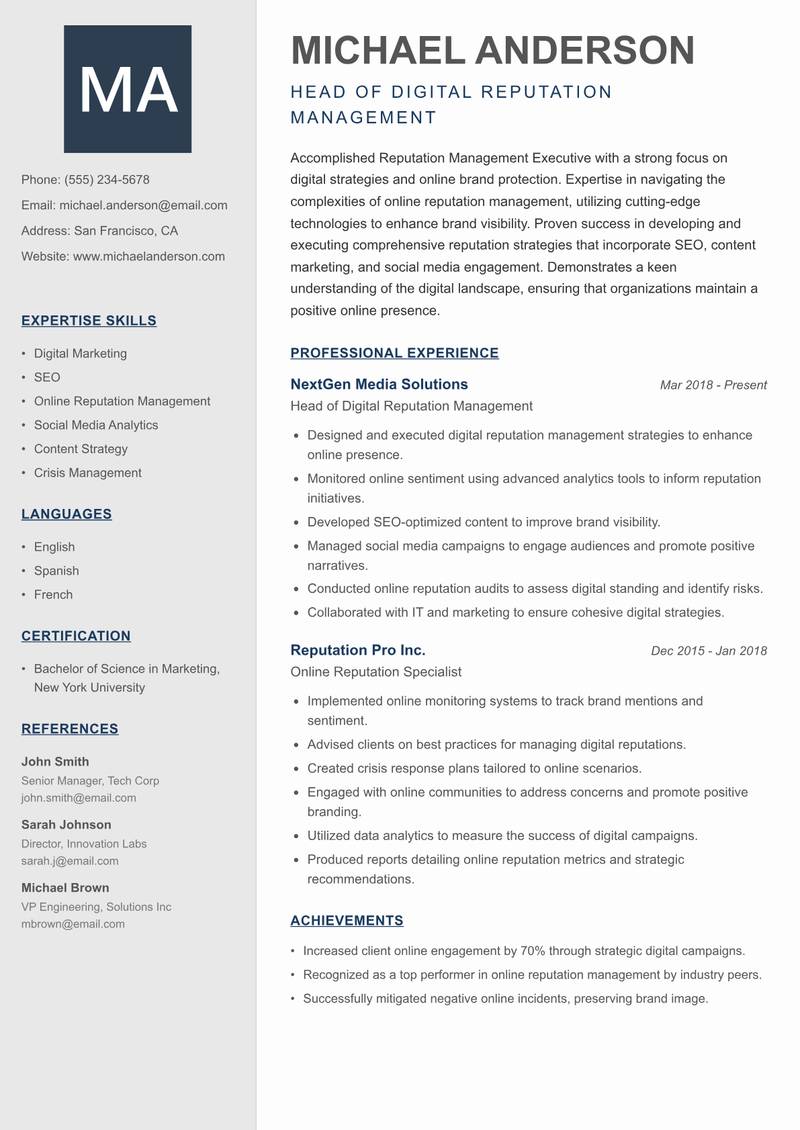 Reputation Management Executive resume sample — Head of Digital Reputation Management focus
